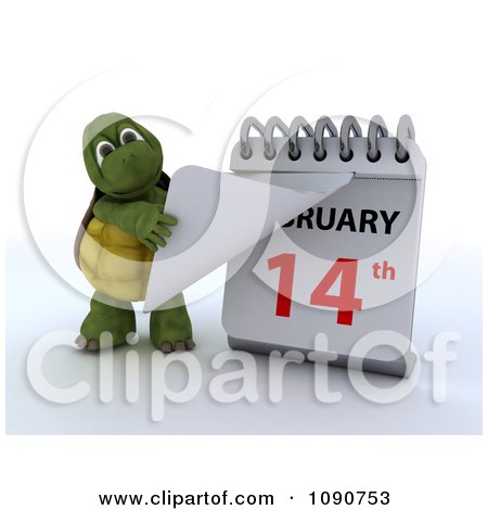 Clipart 3d Tortoise Changing A Desk Calendar To Valentines Day February 14th - Royalty Free CGI Illustration by KJ Pargeter
