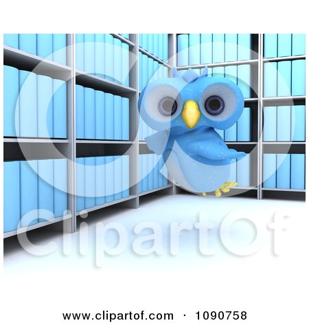 Clipart 3d Blue Owl Flying In An Archive Room - Royalty Free CGI Illustration by KJ Pargeter