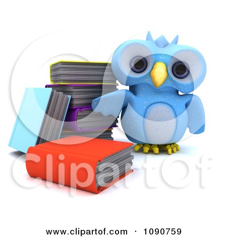 Clipart 3d Blue Owl Standing By Books - Royalty Free CGI Illustration by KJ Pargeter