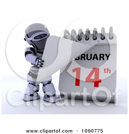 Clipart 3d Silver Robot Flipping A Desk Calendar To Valentines Day - Royalty Free CGI Illustration by KJ Pargeter
