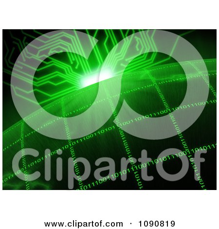 Clipart Green Circuit Sun Rising Over A Binary Grid Globe - Royalty Free CGI Illustration by Mopic