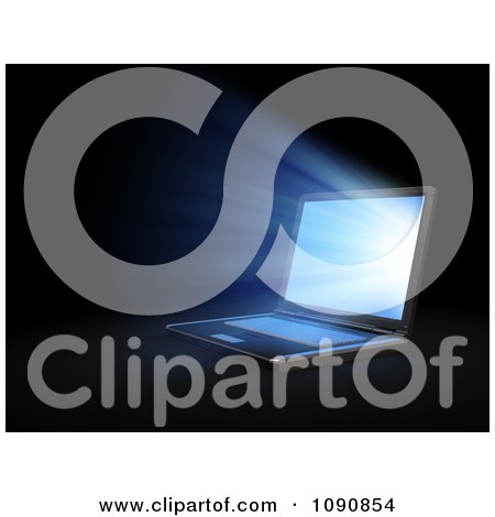 Clipart 3d Laptop With Bright Blue Light Shining From The Screen In The Dark - Royalty Free CGI Illustration by Mopic