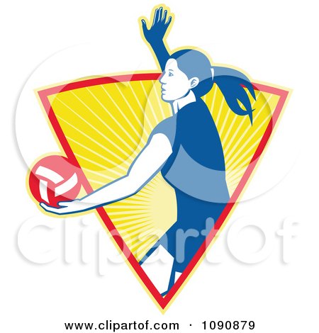 Clipart Blue Female Volleyball Player Serving Over An Orange Shining Triangle - Royalty Free Vector Illustration by patrimonio