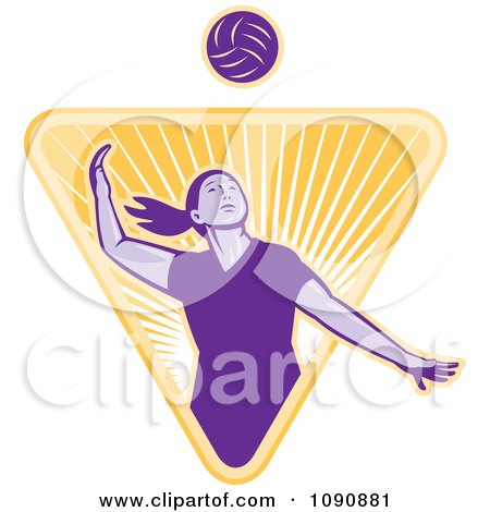 Clipart Purple Female Volleyball Player Over An Orange Shining Triangle - Royalty Free Vector Illustration by patrimonio