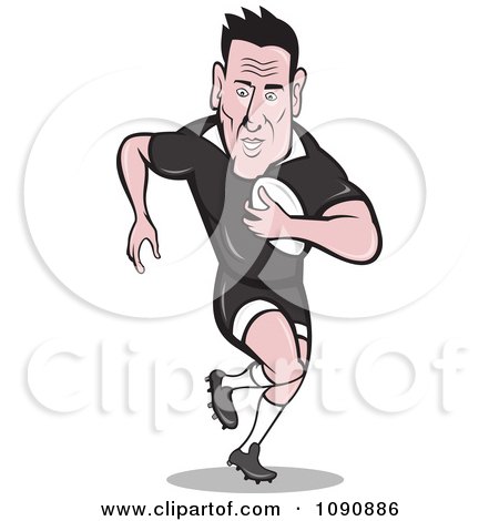 Clipart Black Haired Rugby Player Running Forward With The Ball - Royalty Free Vector Illustration by patrimonio