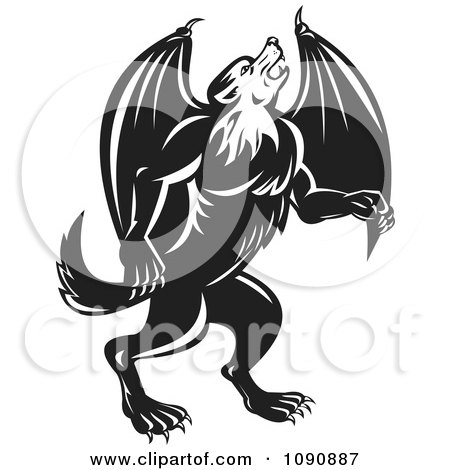 Clipart Black And White Howling Wolf Bat - Royalty Free Vector Illustration by patrimonio