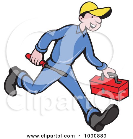 Clipart Happy Repair Man Running With His Tools - Royalty Free Vector Illustration by patrimonio