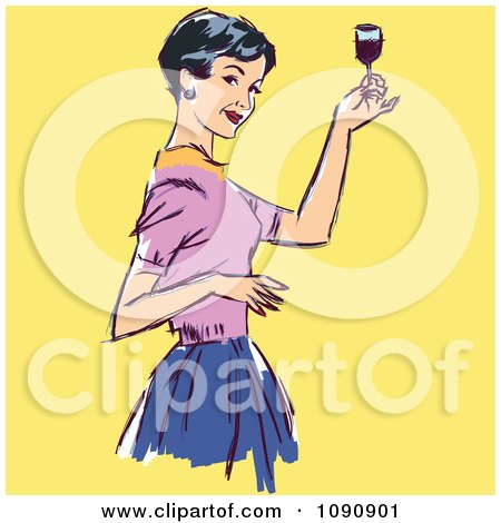 Clipart Retro Woman Raising Her Wine Glass To Toast - Royalty Free Vector Illustration by brushingup
