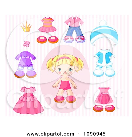 Clipart Toddler Girl Doll With Sets Of Clothing Over Pink Stripes - Royalty Free Vector Illustration by Pushkin
