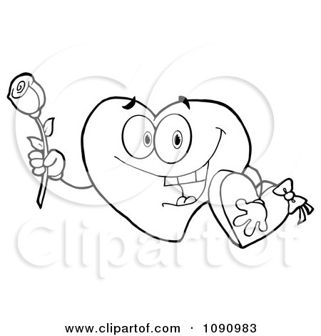 Clipart Outlined Valentine Heart Character Holding A Rose And Candy - Royalty Free Vector Illustration by Hit Toon