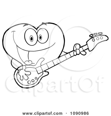 Clipart Outlined Valentine Heart Character Guitarist Playing A Song - Royalty Free Vector Illustration by Hit Toon