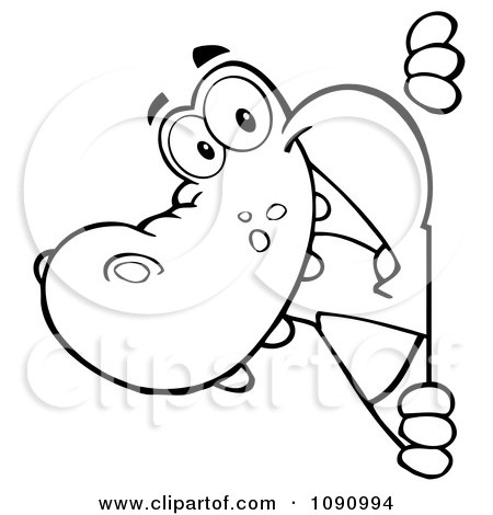 Clipart Outlined Alligator Looking Around A Sign - Royalty Free Vector Illustration by Hit Toon