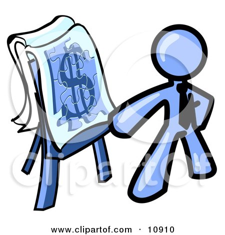 Blue Business Man Standing by a Dollar Sign Puzzle on a Presentation Board During a Meeting Clipart Illustration by Leo Blanchette