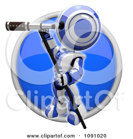 Clipart 3d Shiny Blue Circular Robot And Telescope Icon Button - Royalty Free CGI Illustration by Leo Blanchette