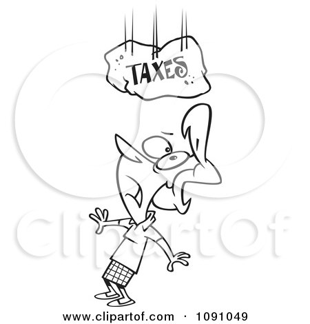 Clipart Outlined Woman Under A Falling Taxes Boulder - Royalty Free Vector Illustration by toonaday