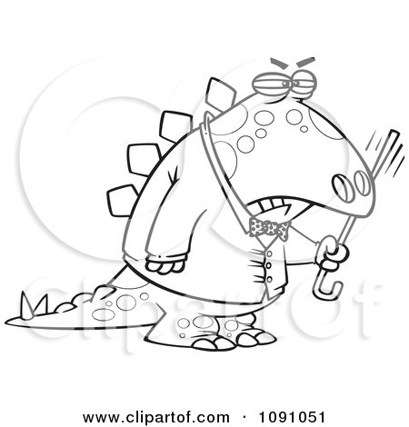 Clipart Outlined Old Grumpy Dinosaur Waving His Cane - Royalty Free Vector Illustration by toonaday