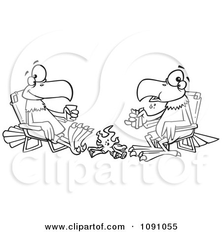 Clipart Outlined Eagle Friends Eating Lunch By A Camp Fire - Royalty Free Vector Illustration by toonaday