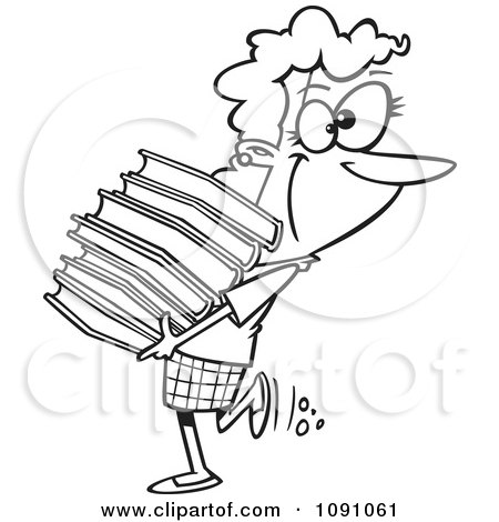 Clipart Outlined Librarian Or Heavy Reader Carrying A Large Stack Of Books - Royalty Free Vector Illustration by toonaday