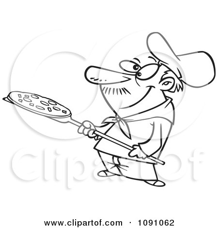 Clipart Outlined Pizza Man Holding A Pie - Royalty Free Vector Illustration by toonaday