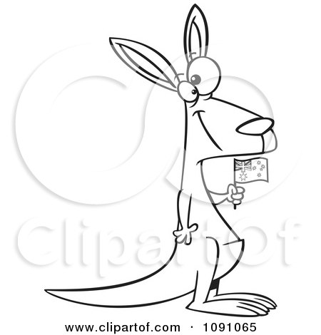 Clipart Outlined Aussie Kangaroo Holding A Flag - Royalty Free Vector Illustration by toonaday