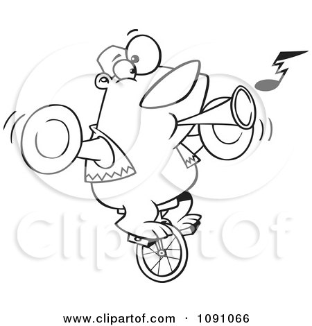 Clipart Outlined Stunt Bear Playing Music And Riding A Unicycle - Royalty Free Vector Illustration by toonaday
