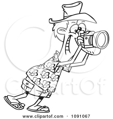 Clipart Outlined Male Tourist Snapping Photographs - Royalty Free Vector Illustration by toonaday