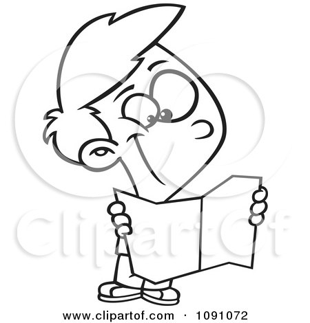 Clipart Outlined Boy Reading A Map - Royalty Free Vector Illustration by toonaday