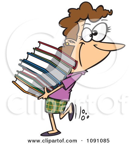 Clipart Librarian Or Heavy Reader Carrying A Large Stack Of Books - Royalty Free Vector Illustration by toonaday
