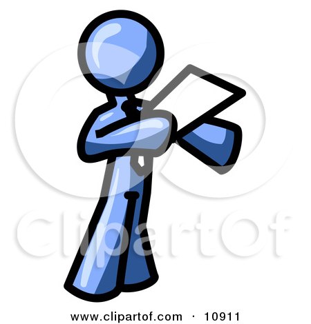 Blue Businessman Holding a Piece of Paper During a Speech or Presentation Clipart Illustration by Leo Blanchette