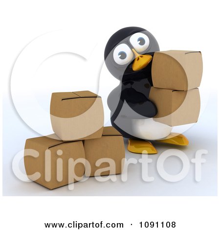 Clipart 3d Cute Penguin With Cardboard Boxes - Royalty Free CGI Illustration by KJ Pargeter