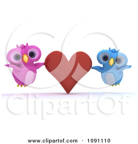 Clipart 3d Pink And Blue Owl Couple With A Red Valentine Heart - Royalty Free CGI Illustration by KJ Pargeter
