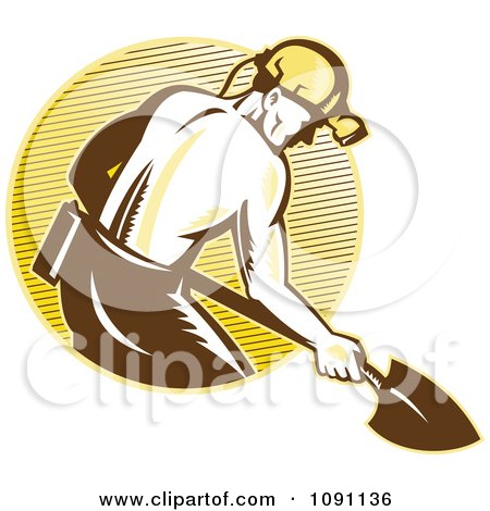 Clipart Retro Coal Miner With A Shovel And Lined Circle - Royalty Free Vector Illustration by patrimonio