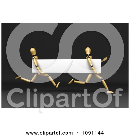 Clipart 3d Wooden Mannequins Running With A Blank White Banner - Royalty Free CGI Illustration by stockillustrations