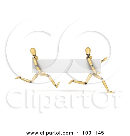 Clipart 3d Running Wooden Mannequins With A Blank Banner - Royalty Free CGI Illustration by stockillustrations