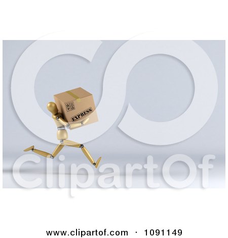 Clipart 3d Wooden Manequin Running With An Express Order Box - Royalty Free CGI Illustration by stockillustrations