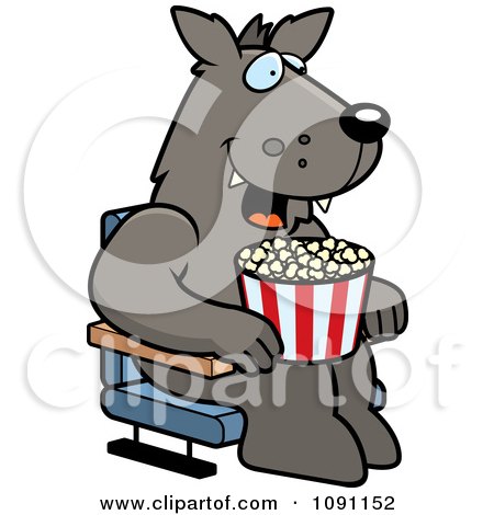 Clipart Happy Wolf With Popcorn At The Movie Theater - Royalty Free Vector Illustration by Cory Thoman
