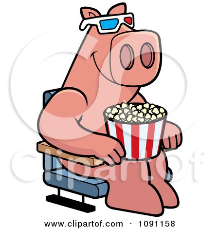 Clipart Pig Eating Popcorn And Watching A 3d Movie At The Theater - Royalty Free Vector Illustration by Cory Thoman