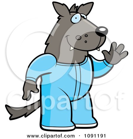 Clipart Waving Wolf In Footie Pajamas - Royalty Free Vector Illustration by Cory Thoman