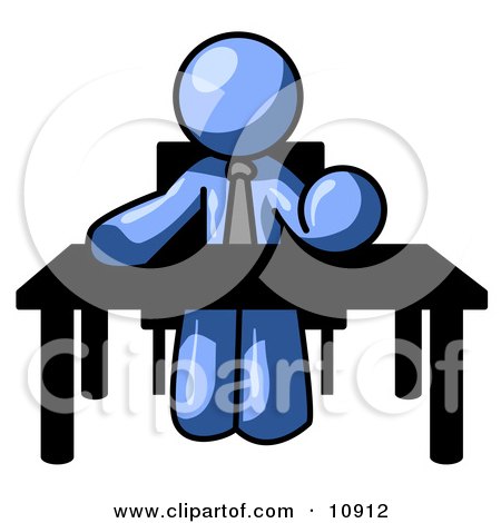 Blue Businessman Seated at a Desk, Instructing Employees Clipart Illustration by Leo Blanchette