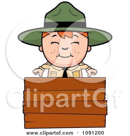 Clipart Happy Forest Ranger Boy Over A Wood Sign - Royalty Free Vector Illustration by Cory Thoman