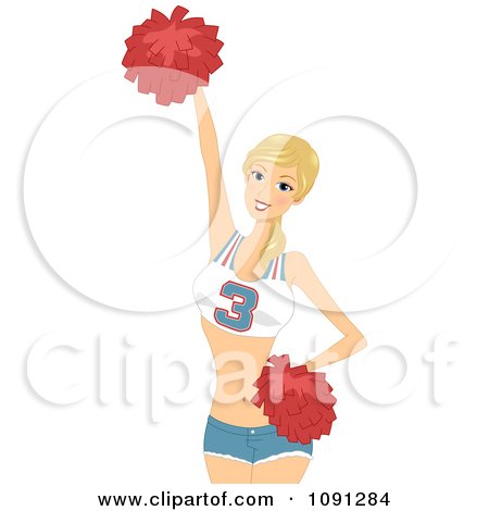 Clipart Pretty Cheerleader Holding Up A Red Pom Pom - Royalty Free Vector Illustration by BNP Design Studio