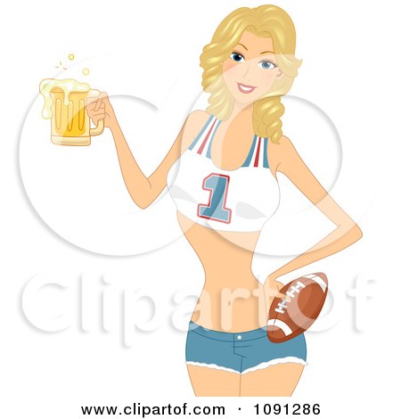 Clipart Pretty Cheerleader Holding A Football And Beer - Royalty Free Vector Illustration by BNP Design Studio