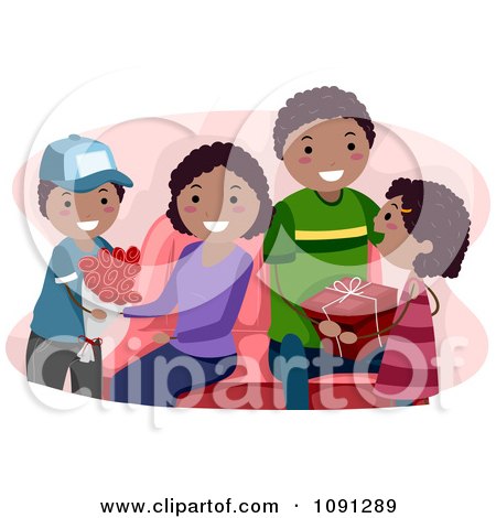 Clipart Black Kids Giving Their Parents Valentines Day Gifts - Royalty Free Vector Illustration by BNP Design Studio