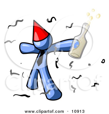 Happy Blue Man Partying With a Party Hat, Confetti and a Bottle of Liquor Clipart Illustration by Leo Blanchette