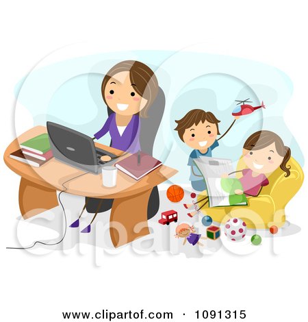 Clipart Happy Mom Working At Home As Her Kids Play Behind Her - Royalty Free Vector Illustration by BNP Design Studio