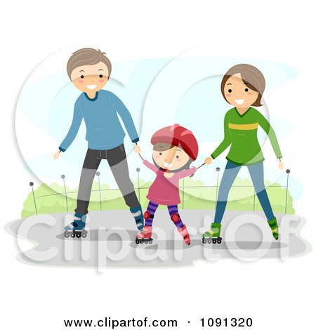 Clipart Happy Family Roller Blading On A Sidewalk - Royalty Free Vector Illustration by BNP Design Studio