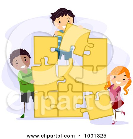 Clipart Kids Assembling A Large Yellow Jigsaw Puzzle - Royalty Free Vector Illustration by BNP Design Studio