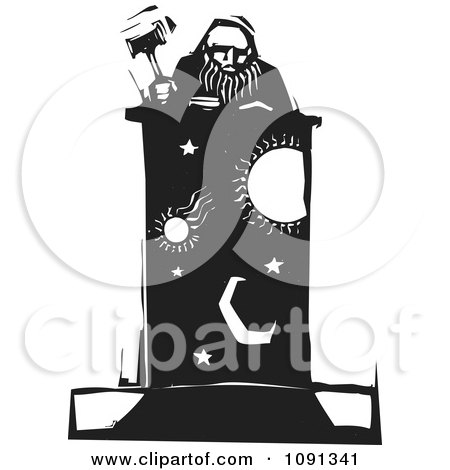 Clipart Judge Holding A Gavel At A Celestial Podium Black And White Woodcut - Royalty Free Vector Illustration by xunantunich