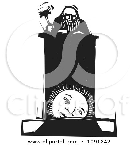 Clipart Judge Holding A Gavel At A Sun Podium Black And White Woodcut - Royalty Free Vector Illustration by xunantunich