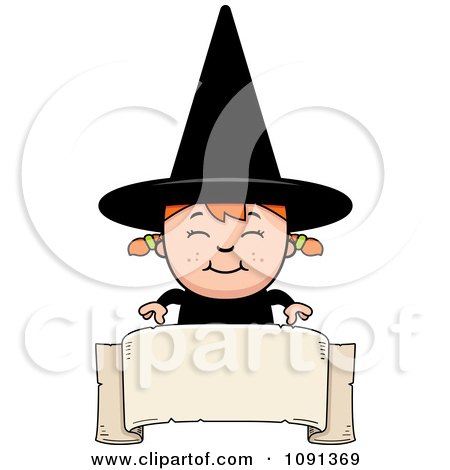 Clipart Happy Halloween Witch Girl Over A Banner - Royalty Free Vector Illustration by Cory Thoman